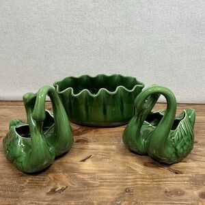 Vintage Camark Pottery Green Glaze Planter Set Swan Pair & Scalloped Bowl USA